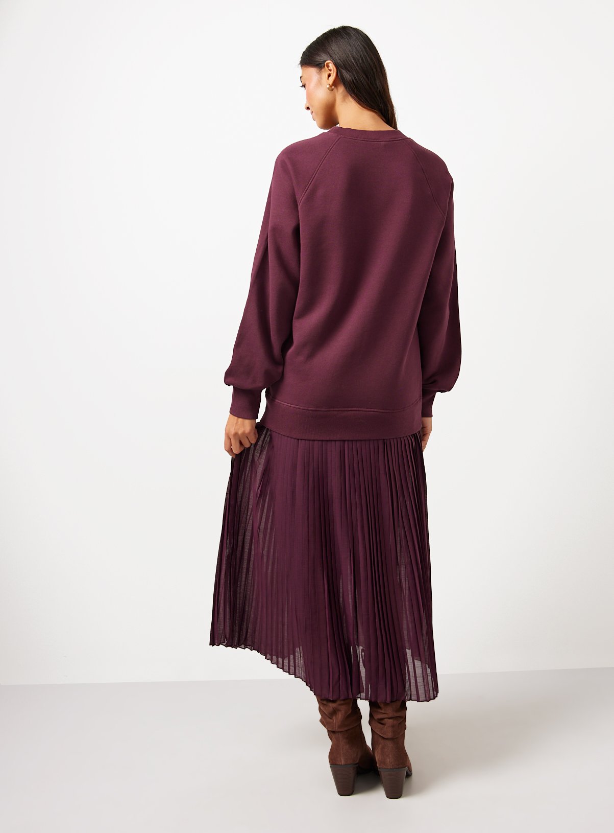 Burgundy Sweatshirt Combined Plisse Midaxi Dress 6 - Image 4 thumbnail